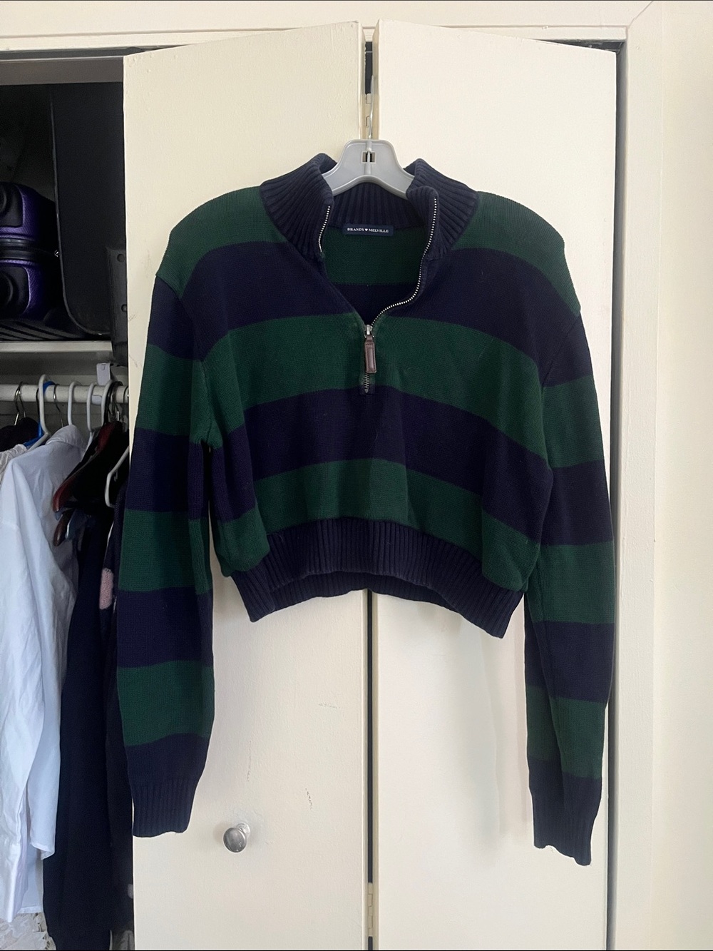 Brandy Melville Navy & Forest Green Striped Cropped Half-Zip Sweater